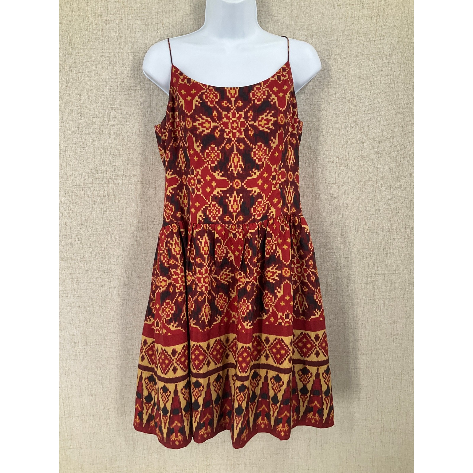 Lauren Ralph Lauren Dress Women 8 Red Silk Ikat Print Boho Sleeveless Drop Waist